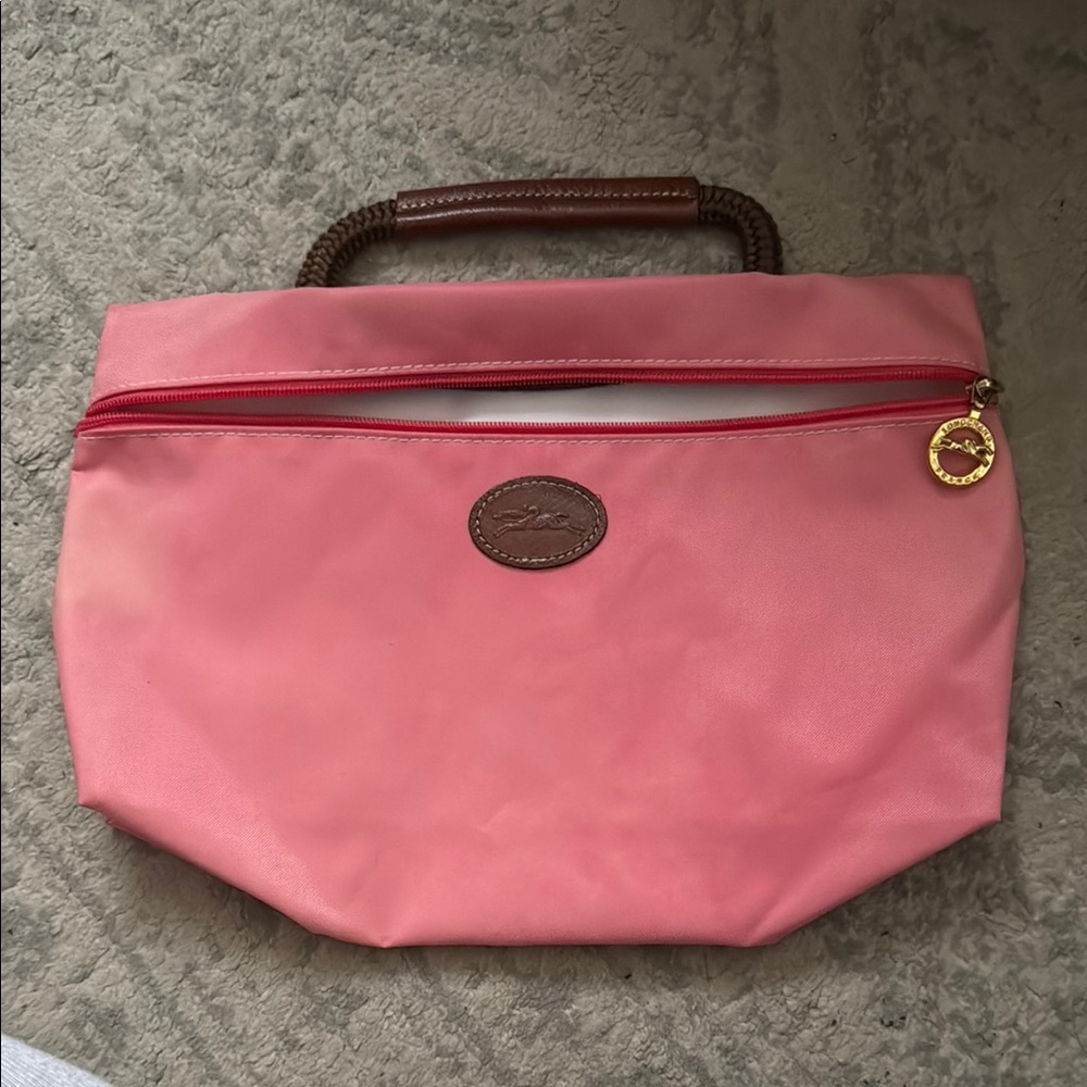 Longchamp - Like new - Pink and Brown Canvas Cosmetic Bag with Zipper